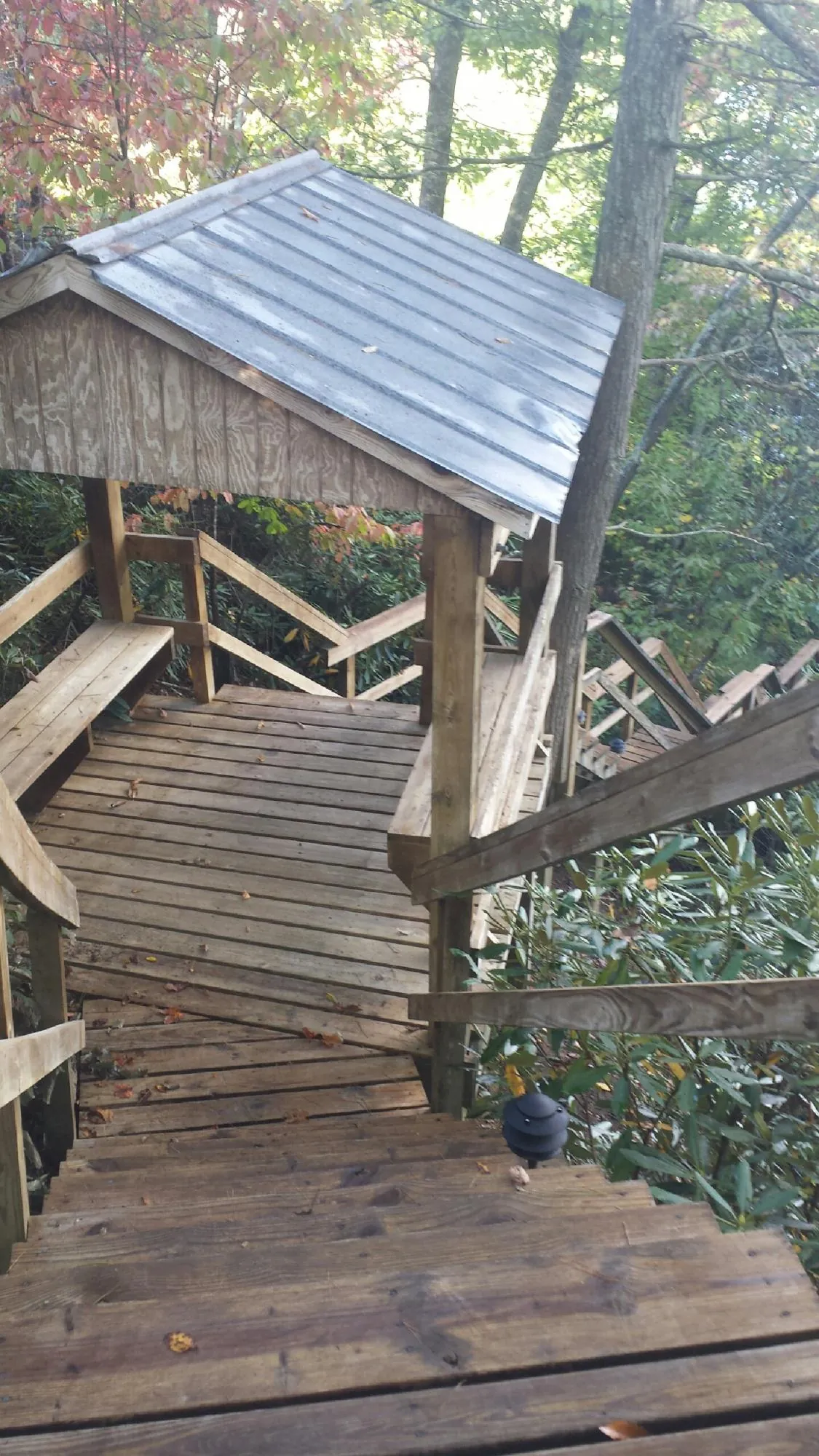 Metal roofed shelter over wooden steps on a wooded walkway — Skylight Repair & Installation work by our crew in Valhermoso Springs